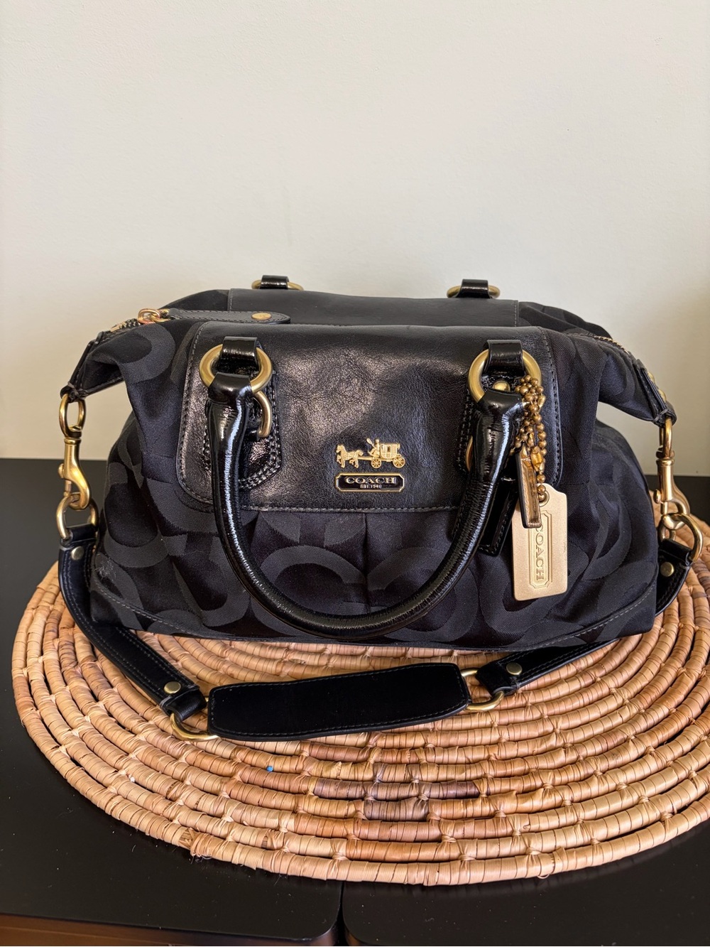 Vintage Y2K Coach Black Op Art Nylon and Leather Sabrina Satchel